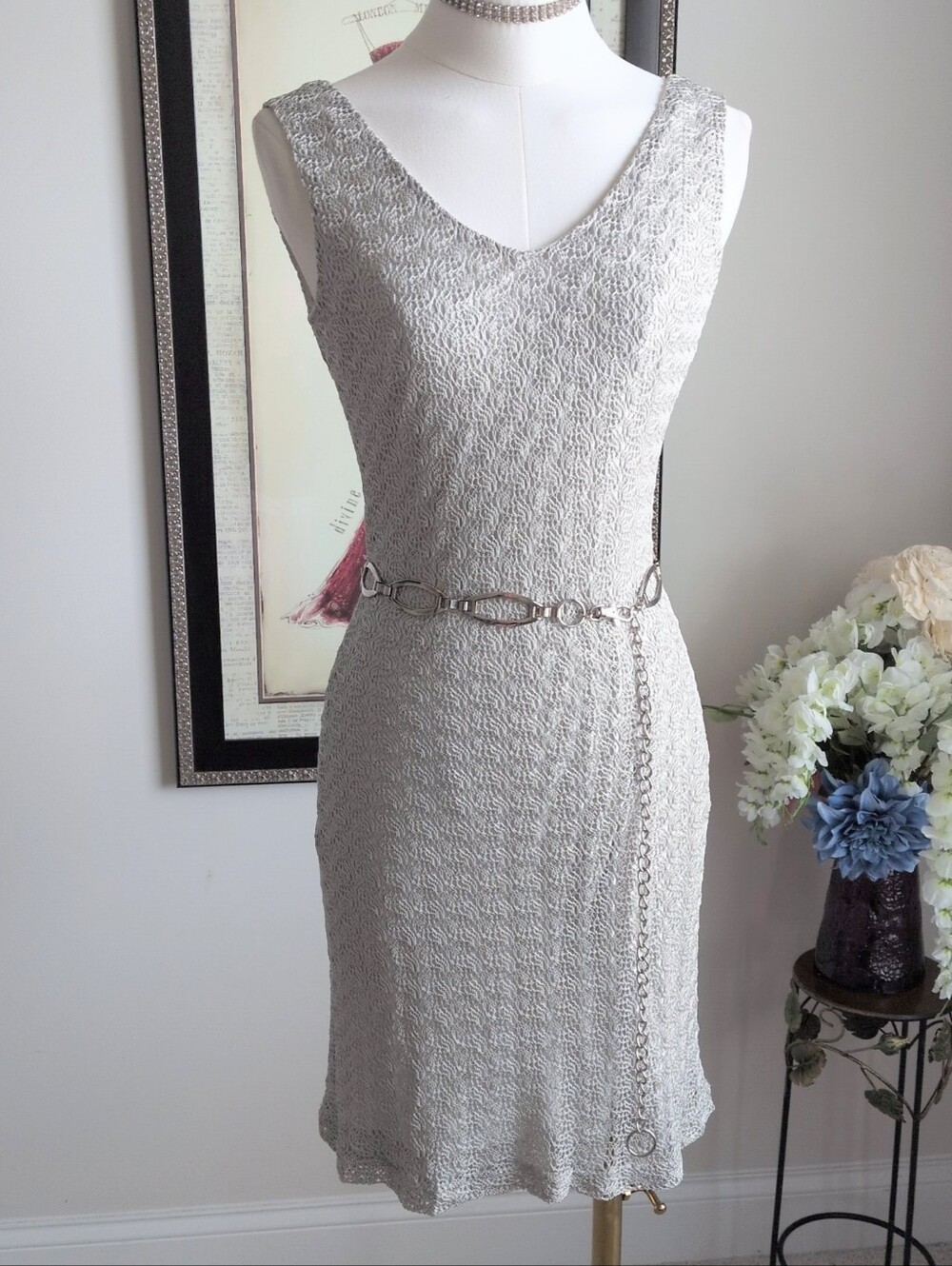 Isabel Ardee silver gray textured knit Dress Small Vintage 90s